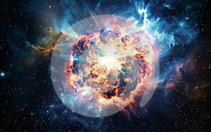 A colossal cosmic explosion erupts in a swirling maelstrom of light and energy, showcasing the raw power and turbulence