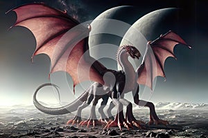 A colossal dragon-like behemoth towering beneath twin moons photo