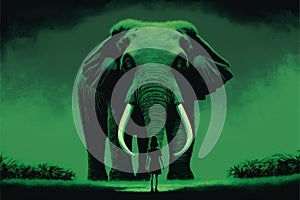 A colossal elephant with green glowing tusks confronts a young woman in a wondrous illustration. Fantasy concept , Illustration