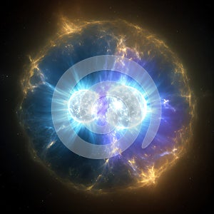 The colossal explosion due to the merger of two neutron stars. Illustration created with Generative AI technology.