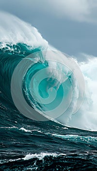 Colossal ocean wave against blue sky, side view perspective captured beautifully in scenic shot.