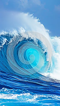 Colossal ocean wave crashing against clear blue sky on a sunny day with white clouds