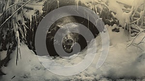 Colossal Pig Monster: A Chiaroscuro Portrait Of A Wild Animal In Snow