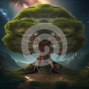 A colossal, sentient tree of life with branches that connect to various dimensions of the cosmos1