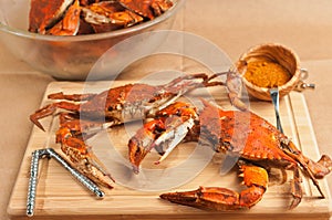 Colossal, steamed and seasoned chesapeake blue claw crabs