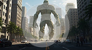 A colossal stone-like giant towers over an urban street, surrounded by tall photo