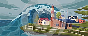 Colossal Tsunami Engulfs Tranquil Countryside, Its Towering Wave Ominously Looming Above Vector Illustration