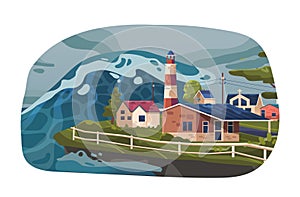 Colossal Tsunami Wave Violently Engulfs A Peaceful Countryside, Swallowing Homes, Beacon And Fields, Vector Illustration