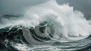 A colossal wave crashes forcefully in the middle of the vast expanse of the ocean, creating a powerful display of natures raw