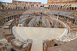 Colosseum, Coliseum or Coloseo, Flavian Amphitheatre largest ever built symbol of ancient Roma city in Roman Empire.