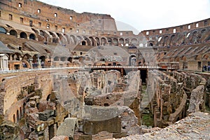 Colosseum, Coliseum or Coloseo, Flavian Amphitheatre largest ever built symbol of ancient Roma city in Roman Empire.