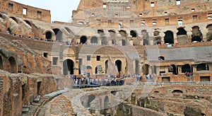 Colosseum, Coliseum or Coloseo, Flavian Amphitheatre largest ever built symbol of ancient Roma city in Roman Empire.