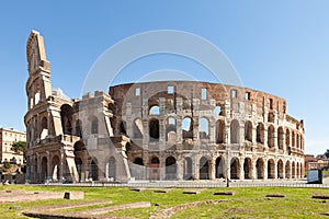 Colosseum or Coliseum Flavian Amphitheatre or Amphitheatrum Flavium or Anfiteatro Flavio or Colosseo. Oval amphitheatre in the ce photo