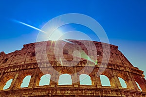 The Colosseum or Coliseum, Rome. Summer Italy. Copyspace