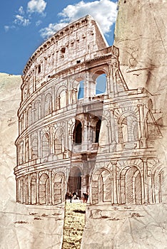 Colosseum hand draw collage