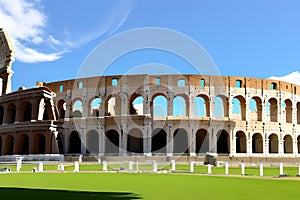 Colosseum with large green lawn under clear blues sky AI generated art