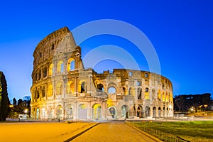 The Colosseum at night in Rome, Italy