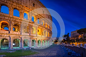 The Colosseum in Rome illuminated at night, Italy