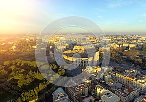 Colosseum, Rome, Italy. Aerial view of the Roman Coliseum on sunrise