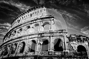 Colosseum in Rome, Italy. Amphitheatre in black and white