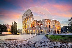 The Colosseum in Rome, Italy at dawn.