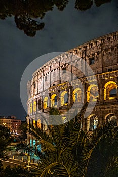 The Colosseum in Rome Italy, illuminated in the evening at the blue hour