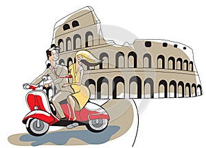 Colosseum, Rome, Italy, young couple retro style riding a red motor scooter