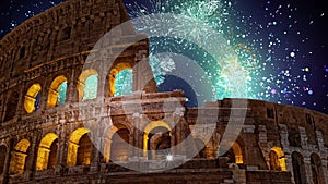 Colosseum Rome night fireworks show new year eve zoom out