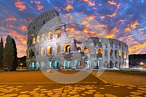 The Colosseum in Rome at sunrise, Italy