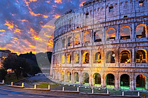 The Colosseum in Rome at sunrise, Italy