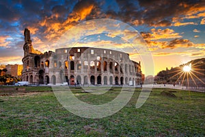 The Colosseum in Rome at sunrise, Italy