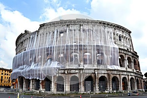 colosseum Rome wrapped in plastic Generative AI