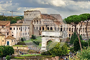 Colosseum and Ruins of Roman Forum. Arch of Titus and others. Rome. Italy