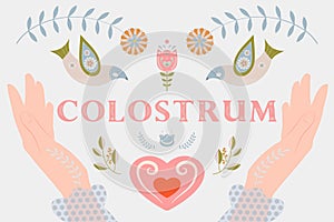 Colostrum word, folk style illustration.