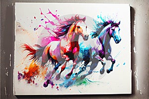 Colouful Galloping running horses watercolor