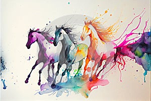 Colouful Galloping running horses watercolor horse