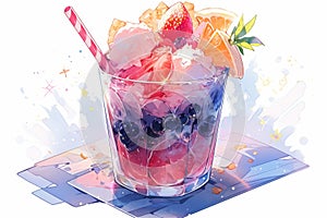 Colouful glasse with japanese cold layered dessert decorated with real fruits and berries. Homemade healthy sweet food concept