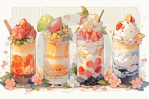 Colouful glasses with japanese cold layered desserts decorated with real fruits and berries. Homemade healthy sweet food concept