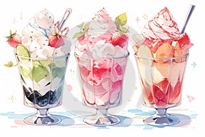 Colouful glasses with japanese cold layered desserts decorated with real fruits and berries. Homemade healthy sweet food concept