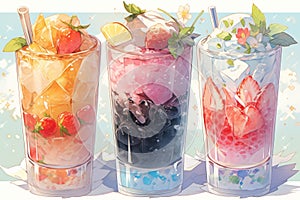 Colouful glasses with japanese cold layered desserts decorated with real fruits and berries. Homemade healthy sweet food concept