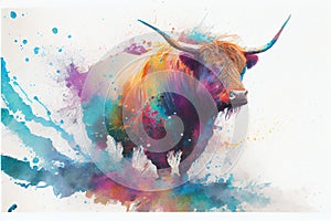 Colouful Highland cow watercolor