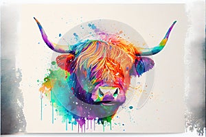 Colouful Highland cow watercolor