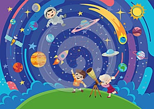Colouful poster of cute kids exploring the space galaxy