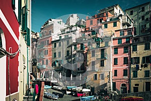 Colour archicture of Riomaggiore town in Cinque Terre National park, Italy