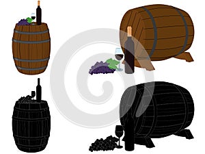 Colour and black and white compositions, red wine in bottle and glass, wine barrel and bunch of grapes  vector illustration