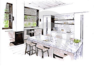 Colour illustration of a modern kitchen with breakfast bar.