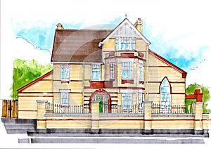 Colour illustration showing the facade of a large victorian house.