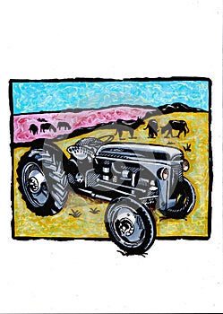 Colour illustration of a vintage tractor in a farmland setting.