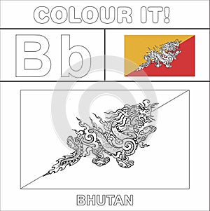 Colour it Kids colouring Page country starting from English Letter `B` Bhutan How to Color Flag photo