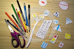 Colour pencils. Applications. Children`s handwork. Kindergarten. Stationery.